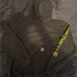 Carhartt Men's Hooded Sweatshirt in Olive Green with Neon Yellow Sleeve Logo